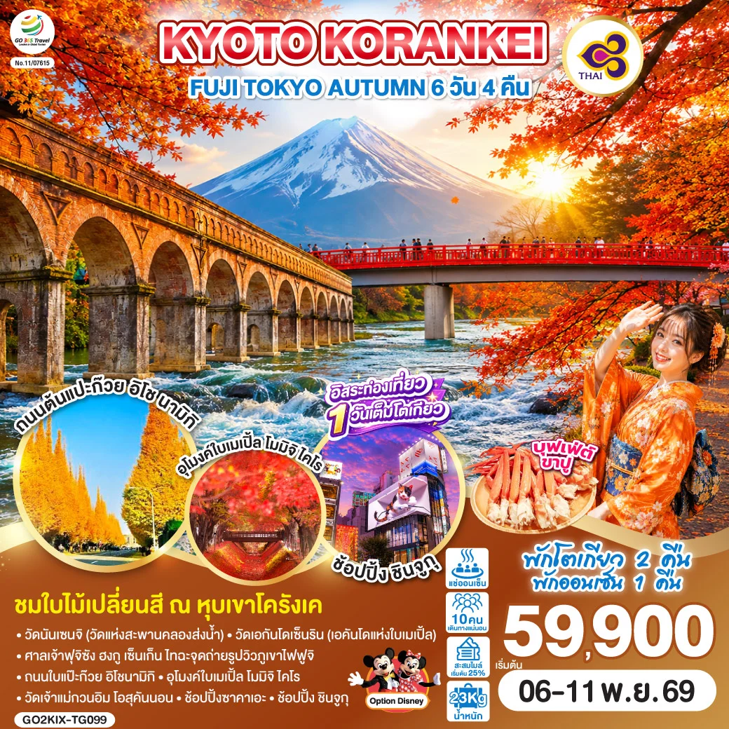 ทัวร์ญี่ปุ่น KYOTO KORANKEI FUJI TOKYO AUTUMN 6วัน 4คืน (TG)
